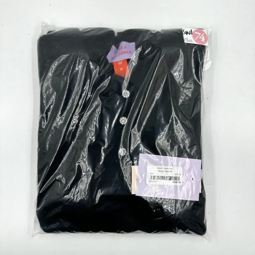 Never a Wallflower Henley Sweater Black L NWT Cashmere Blend Quiet Luxury Chic